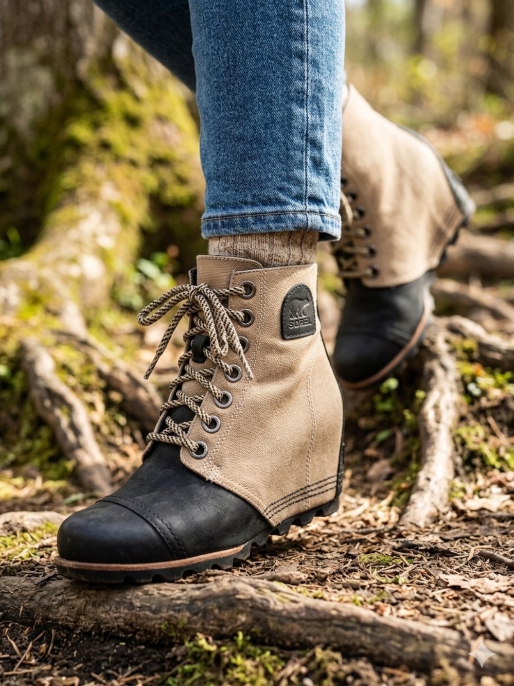 Sorel PDX Wedge Lace Up Tan and Black Canvas and Leather Boots / Booties Size 8